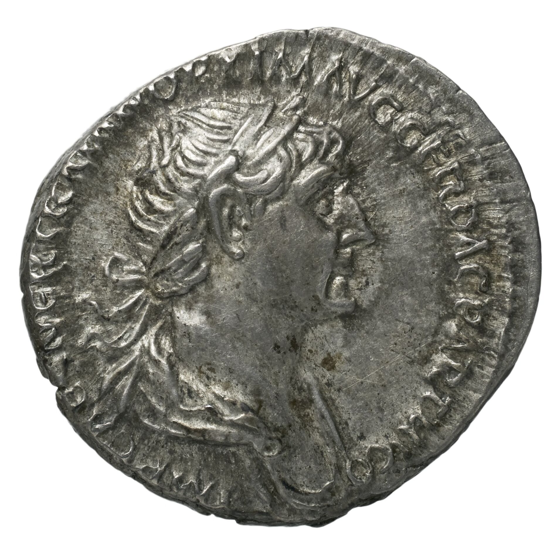 RIC II Trajan 317 Trajan obverse, Head of Trajan, laureate, right