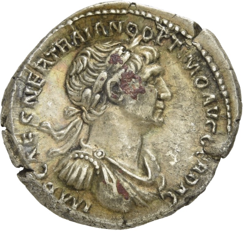 RIC II Trajan 318 (denarius) Trajan obverse, Bust of Trajan, laureate, draped, right
