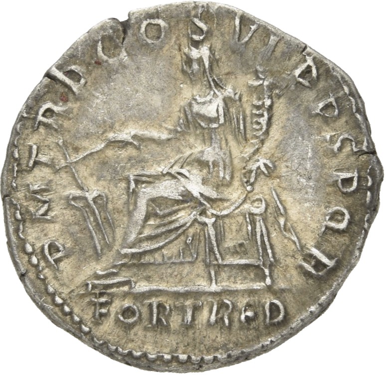 RIC II Trajan 318 (denarius) Trajan reverse, Fortuna, draped, veiled, seated left on chair without back, holding rudder se...