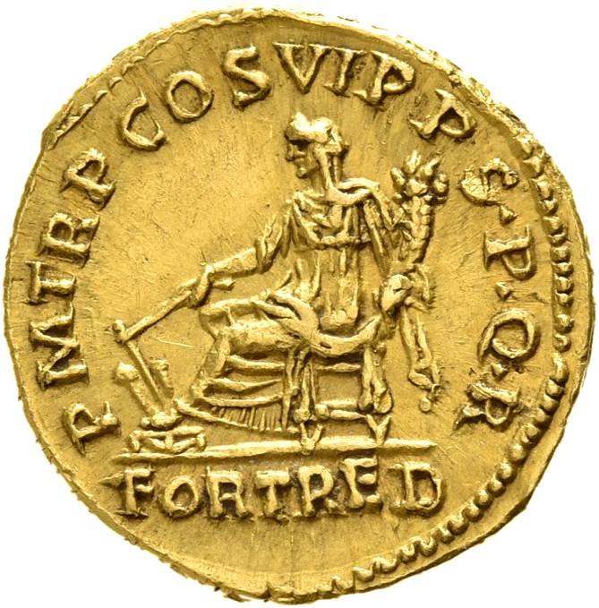 RIC II Trajan 319 Trajan reverse, Fortuna, draped, veiled, seated left on chair without back, holding rudder set on ground...