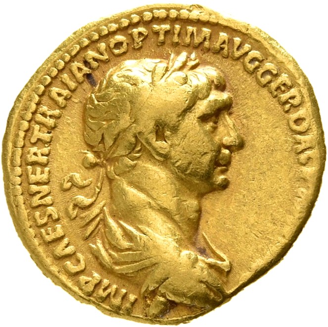 RIC II Trajan 324 (aureus) Trajan obverse, Bust of Trajan, laureate, draped, cuirassed, right