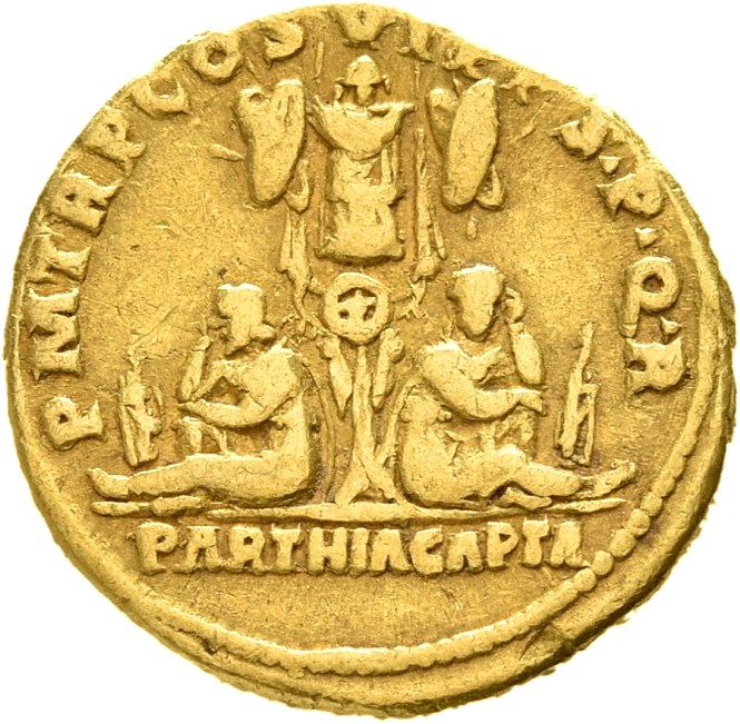 RIC II Trajan 324 (aureus) Trajan reverse, Trophy between two Parthians seated left and right on ground