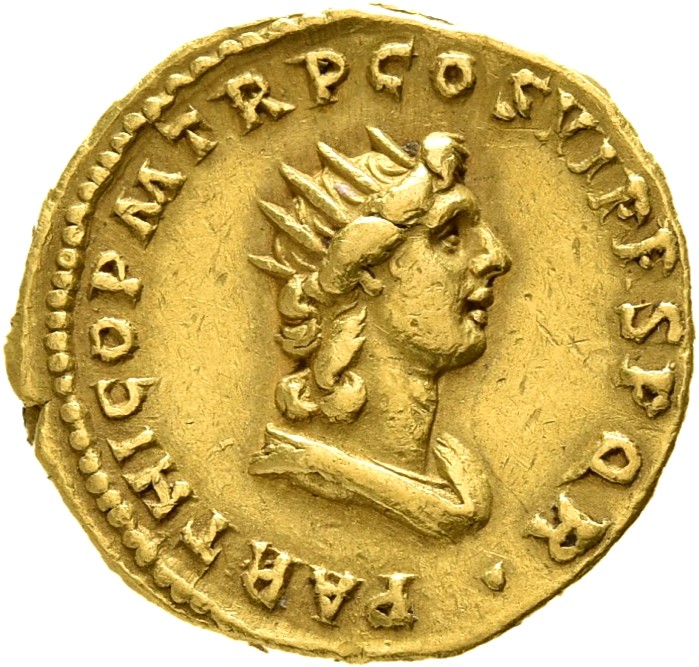 RIC II Trajan 329 (aureus) Trajan reverse, Bust of Sol, radiate, draped, right with hair falling in two locks down neck
