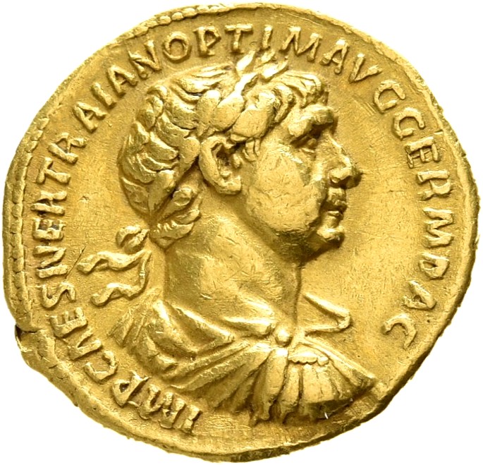 RIC II Trajan 329 (aureus) Trajan obverse, Bust of Trajan, laureate, draped, cuirassed, right
