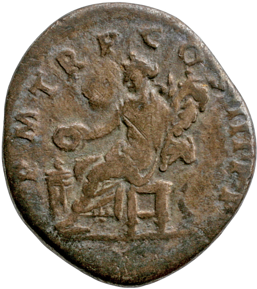 Trajan reverse — Concordia, draped, seated left, sacrificing out of patera over garlanded and lighted altar with right hand and holding double cornucopiae in left