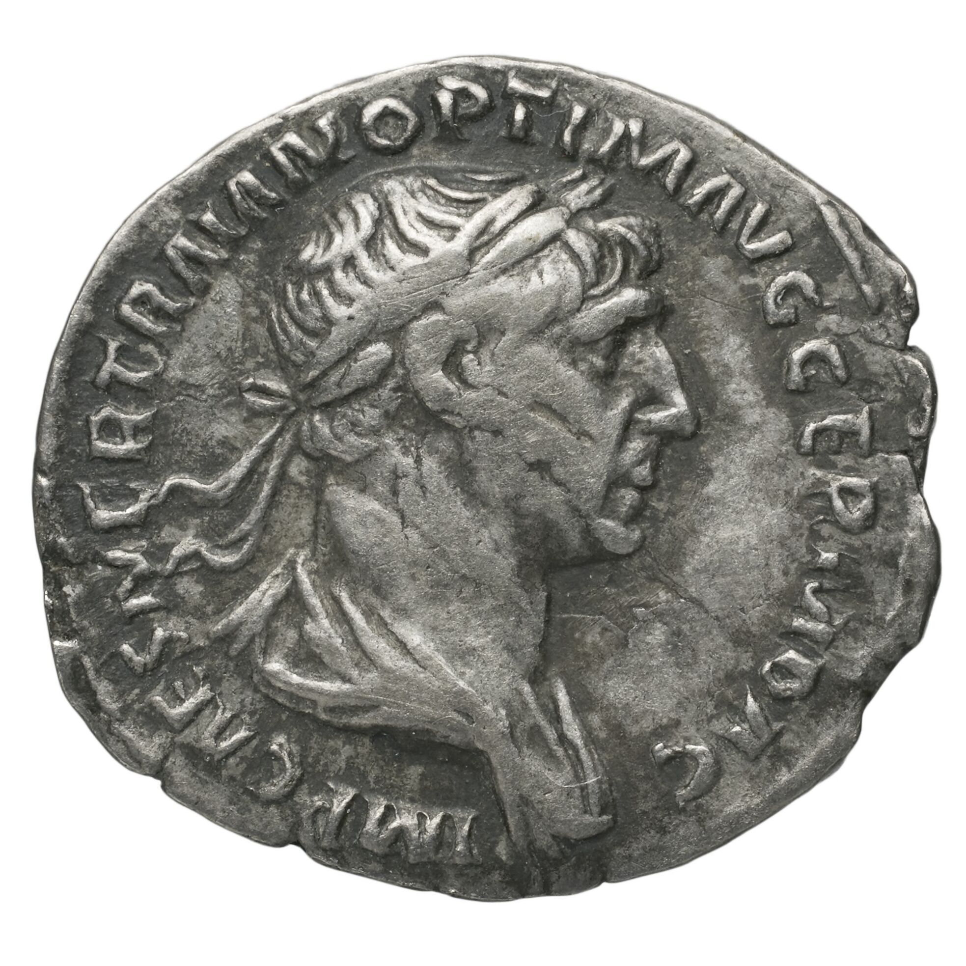 RIC II Trajan 331 Trajan obverse, Bust of Trajan, laureate, draped, right