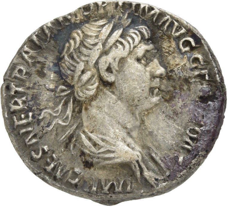 RIC II Trajan 332 Trajan obverse, Bust of Trajan, laureate, draped, right
