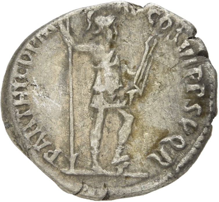 RIC II Trajan 334 Trajan reverse, Virtus, helmeted, in military dress, standing right, holding vertical spear reversed in ...