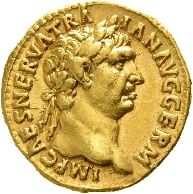 RIC II Trajan 34 Trajan obverse, Head of Trajan, laureate, right