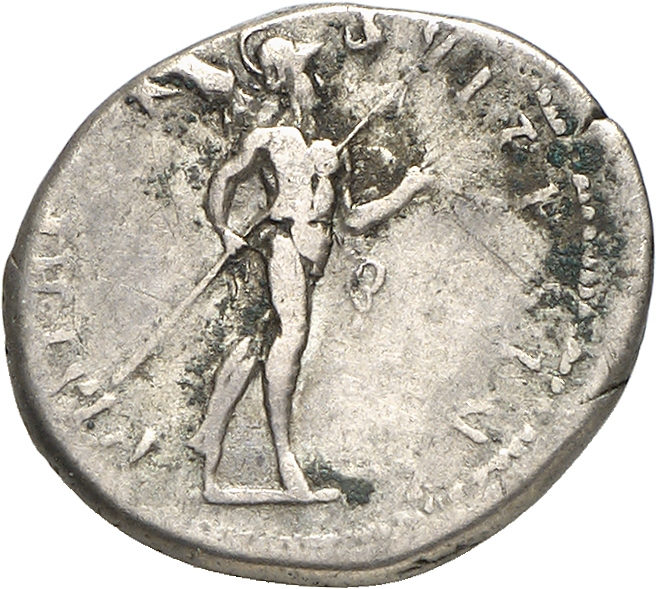 RIC II Trajan 340 Trajan reverse, Mars, helmeted, naked except for cloak round shoulders, advancing right, holding transve...