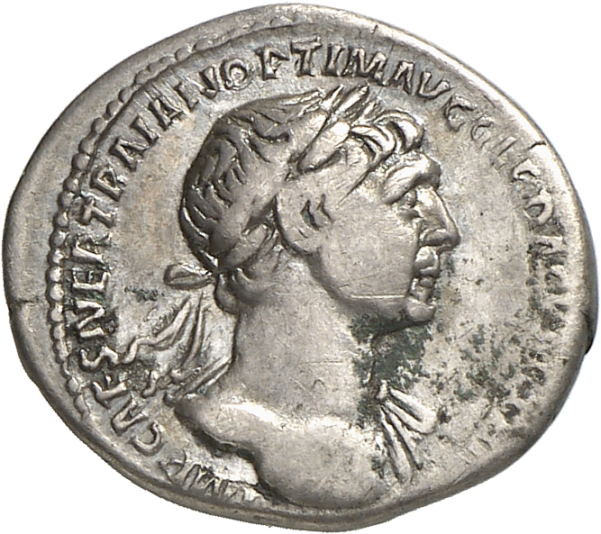 RIC II Trajan 340 Trajan obverse, Bust of Trajan, laureate, draped, right