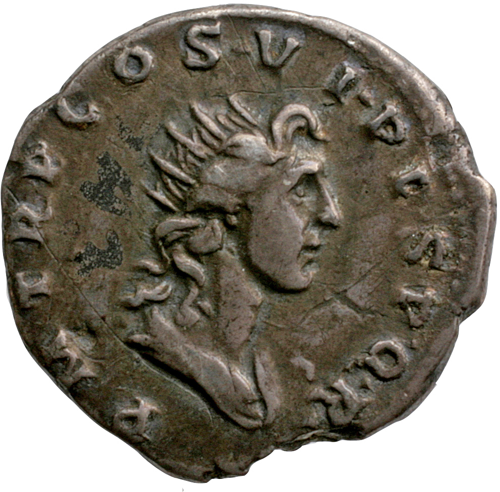 RIC II Trajan 341 (denarius) Trajan reverse, Bust of Sol, radiate, draped, right with hair falling in two locks down neck