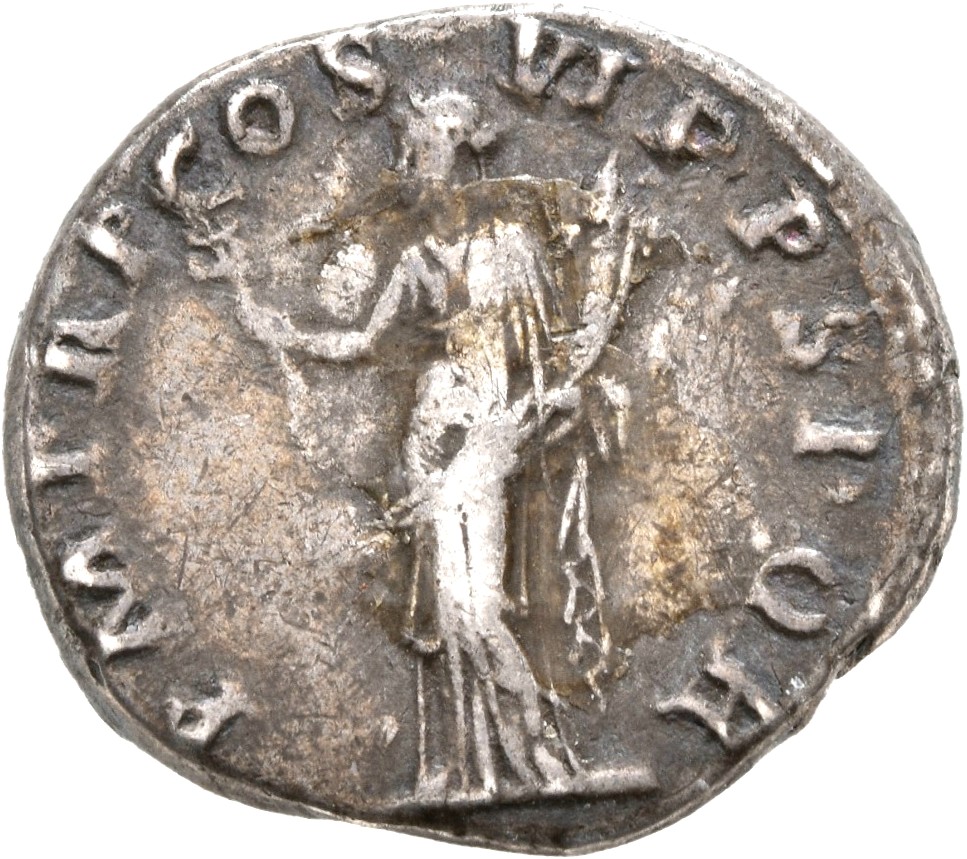 Trajan reverse — Felicitas, draped, standing left, holding up caduceus in right hand and cornucopiae in left