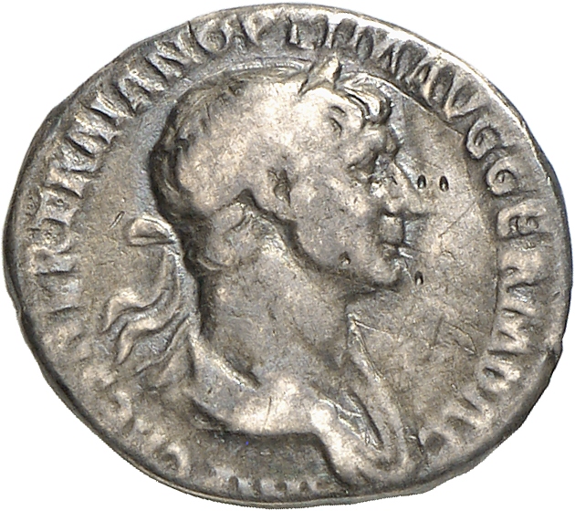 RIC II Trajan 345 Trajan obverse, Bust of Trajan, laureate, draped, right