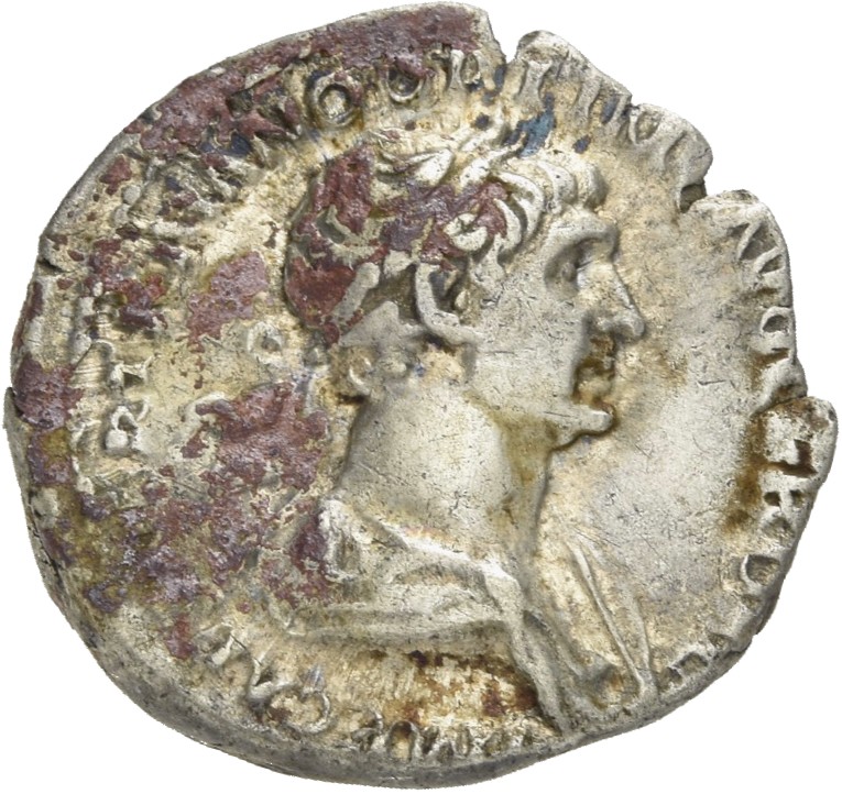 RIC II Trajan 347 (denarius) Trajan obverse, Bust of Trajan, laureate, draped, right