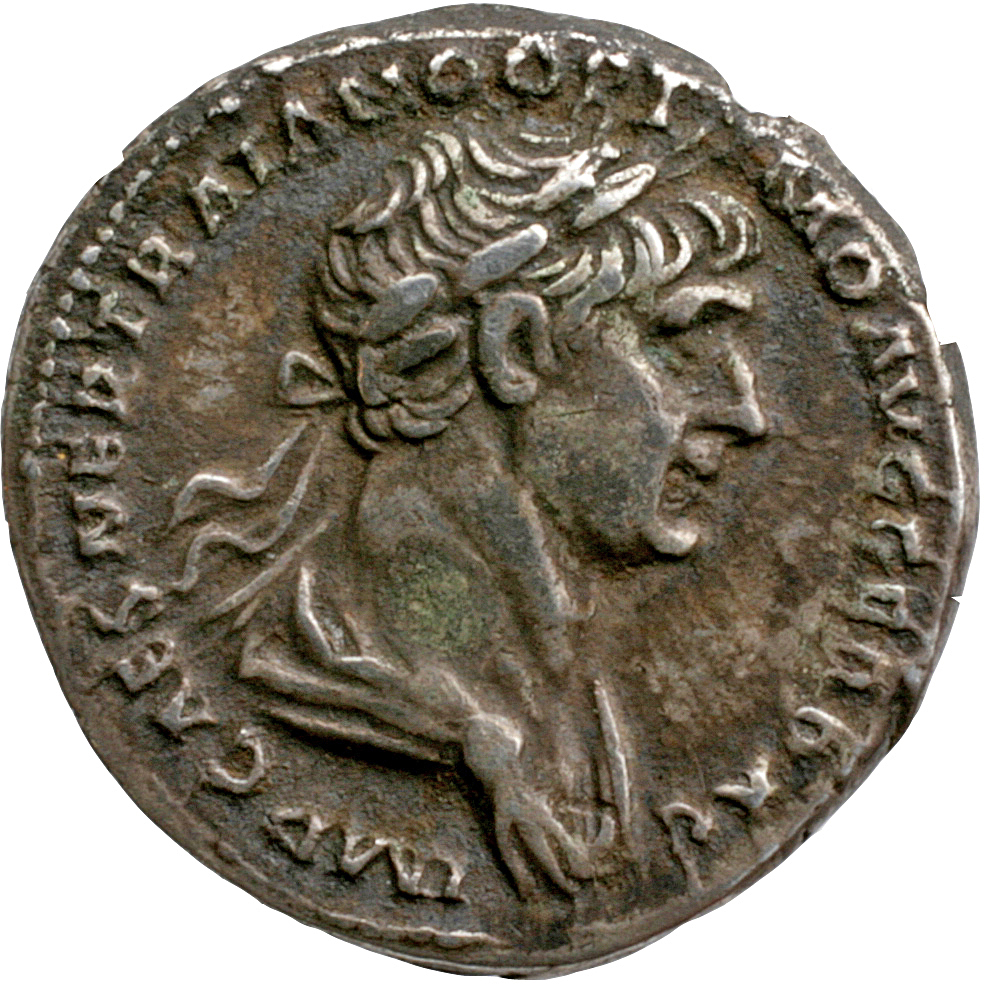RIC II Trajan 355 Trajan obverse, Bust of Trajan, laureate, draped, right