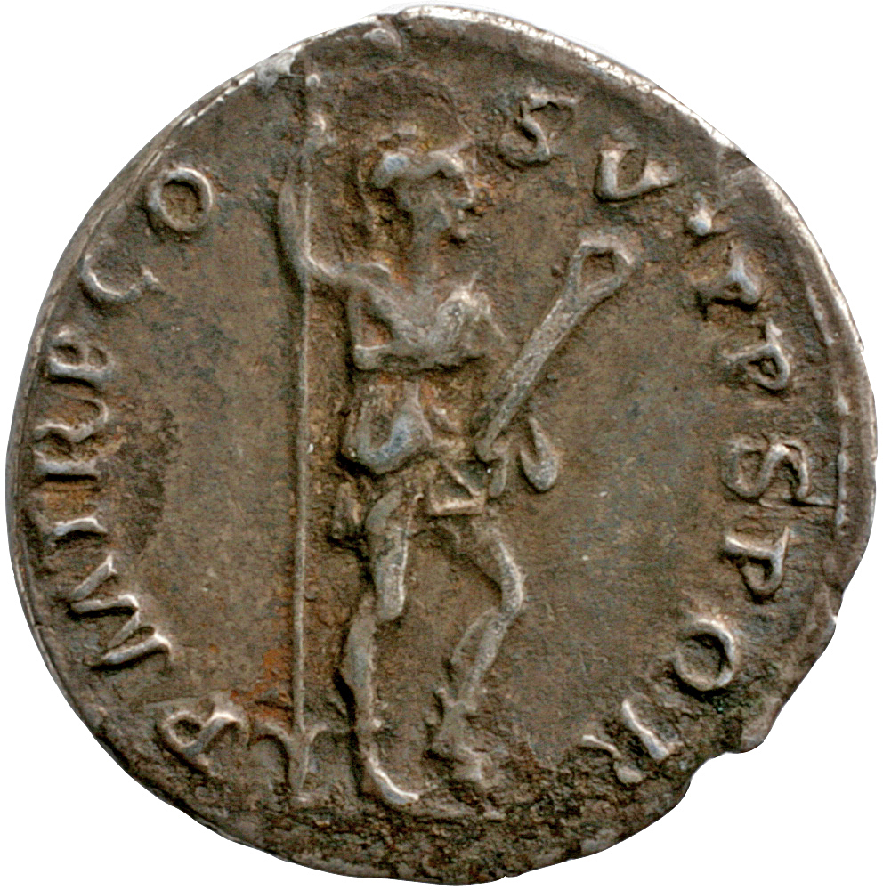 RIC II Trajan 355 Trajan reverse, Virtus, helmeted, in military dress, standing right, left foot set on helmet, holding ve...