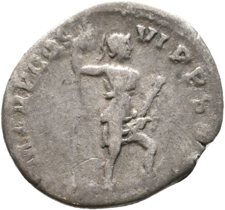 RIC II Trajan 355 Trajan reverse, Virtus, helmeted, in military dress, standing right, left foot set on helmet, holding ve...
