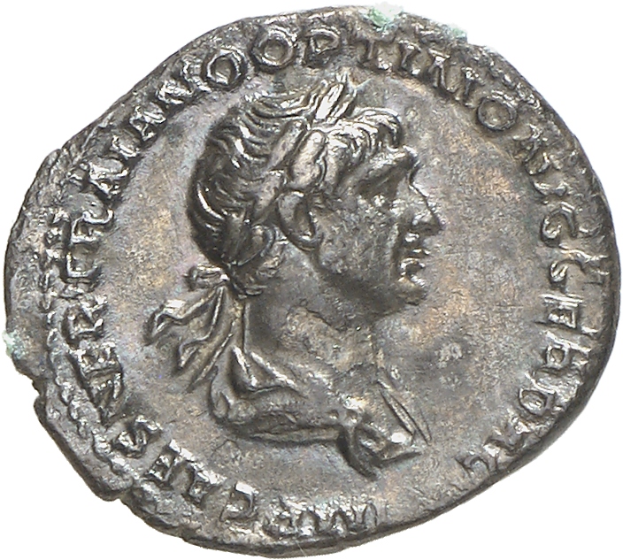 RIC II Trajan 356 Trajan obverse, Bust of Trajan, laureate, draped, right