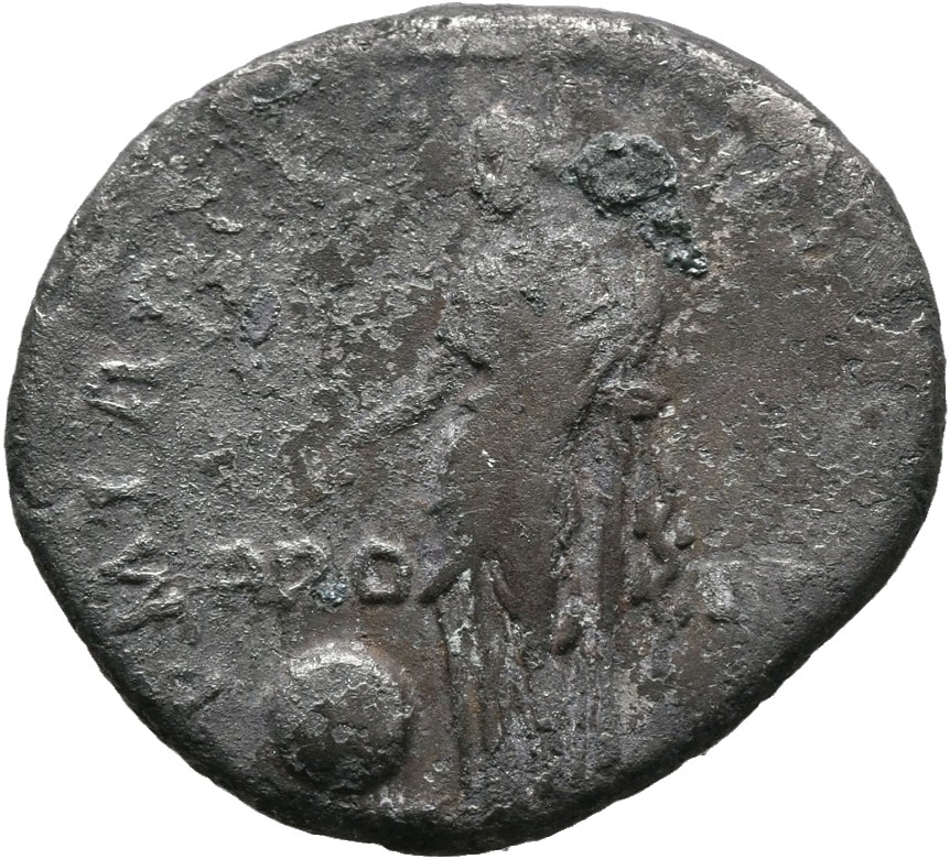 RIC II Trajan 359 Trajan reverse, Providentia, draped, standing left, pointing with right hand at large globe to left, and...