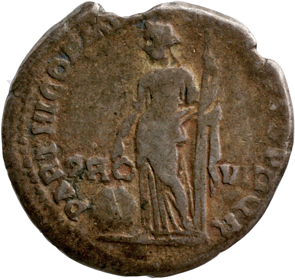 Trajan reverse — Providentia, draped, standing left, pointing with right hand at large globe to left, and holding vertical sceptre in left, with left elbow resting on column