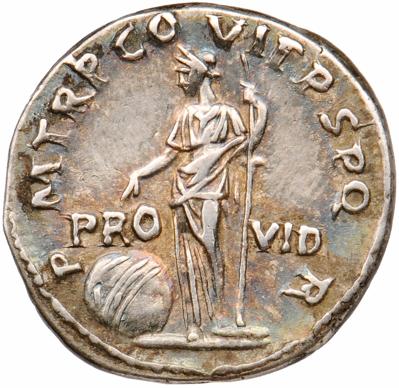 RIC II Trajan 364 Trajan reverse, Providentia, draped, standing left, pointing with right hand at large globe to left, and...