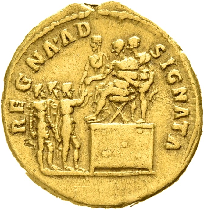 RIC II Trajan 367 Trajan reverse, Trajan seated left on low platform, right with two attendants; three kings standing righ...