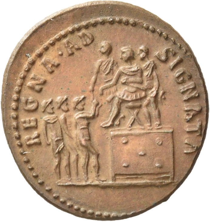 RIC II Trajan 367 Trajan reverse, Trajan seated left on low platform, right with two attendants; three kings standing righ...