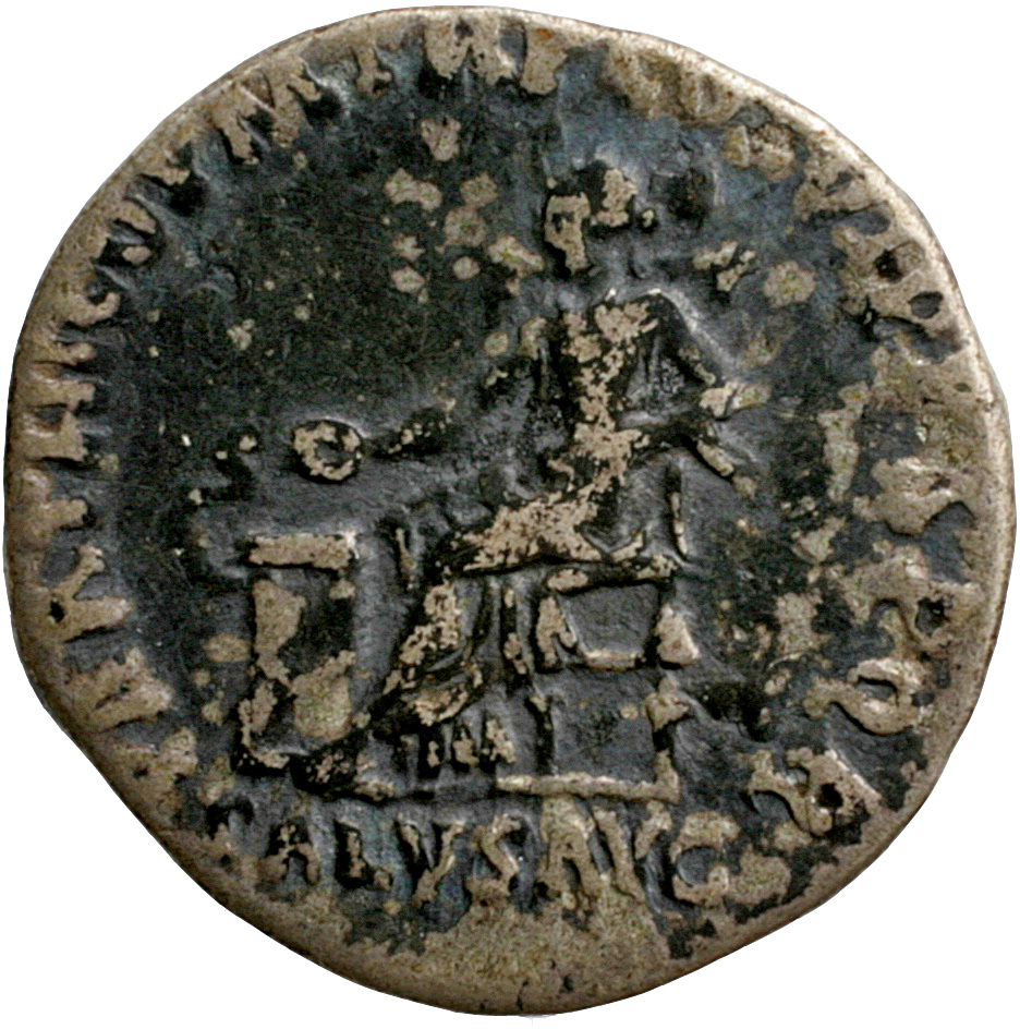 Trajan reverse — Salus, draped, seated left on throne, feeding out of patera in right hand snake coiled round altar and resting left arm on throne