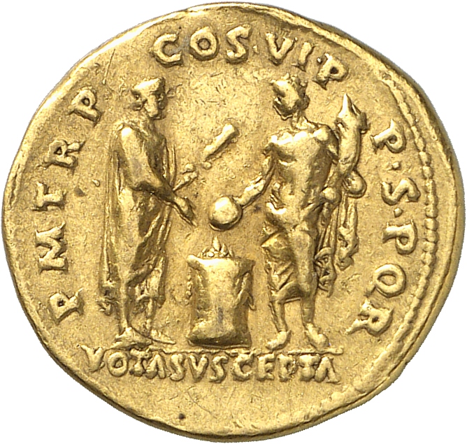 RIC II Trajan 373 Trajan reverse, Senator standing right, left, holding sceptre and sacrificing over altar, facing Genius,...