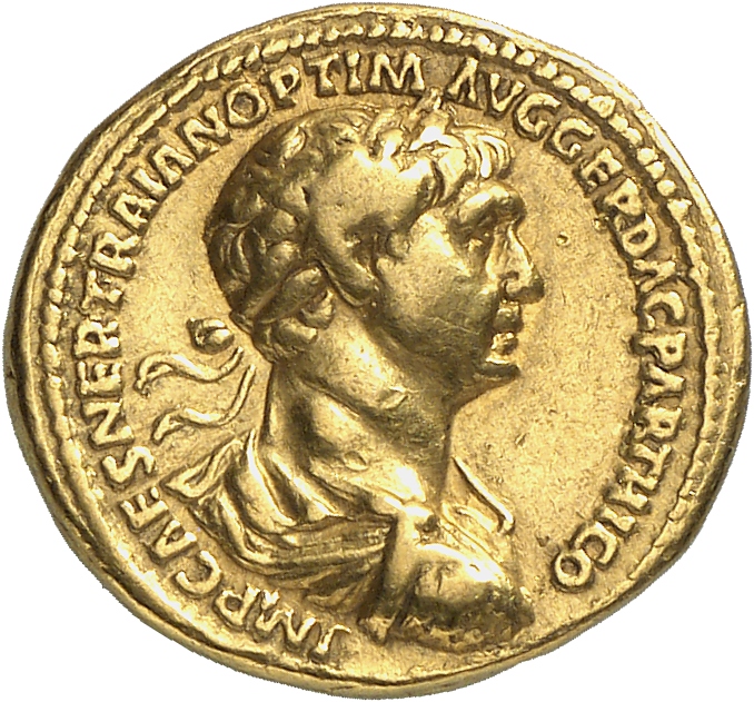 RIC II Trajan 373 Trajan obverse, Bust of Trajan, laureate, draped, cuirassed, right