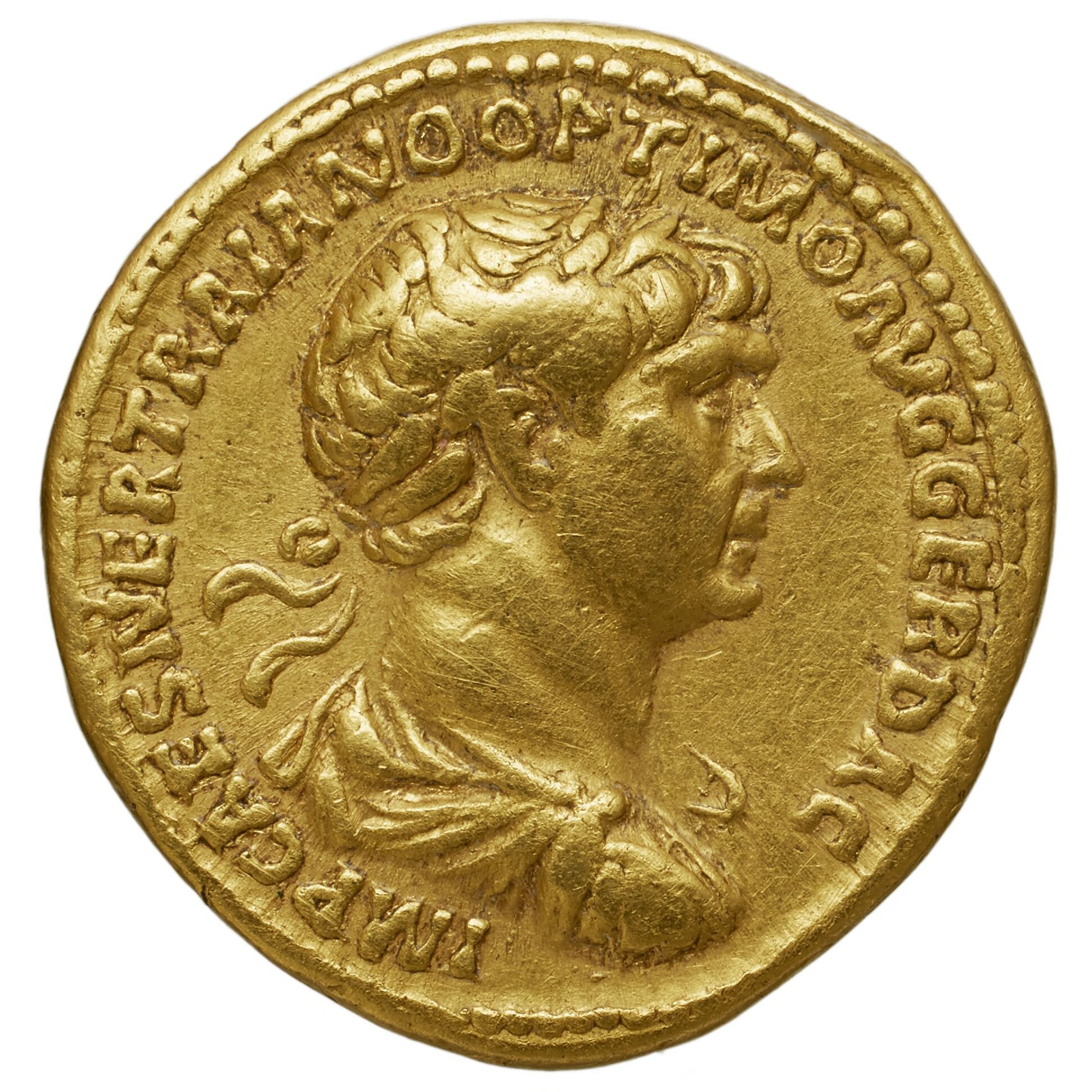 RIC II Trajan 374 Trajan obverse, Bust of Trajan, laureate, draped, cuirassed, right
