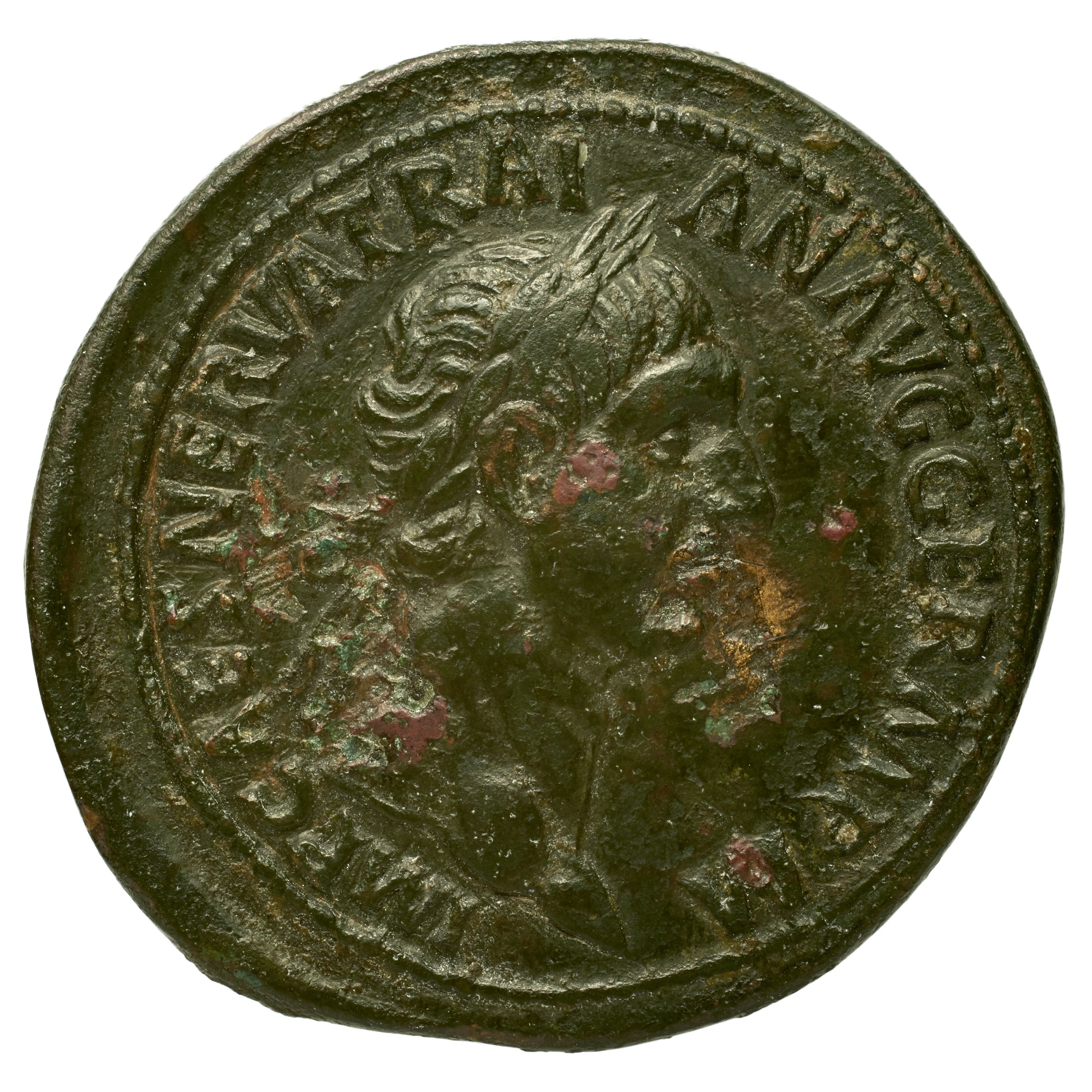 RIC II Trajan 388 Trajan obverse, Head of Trajan, laureate, right