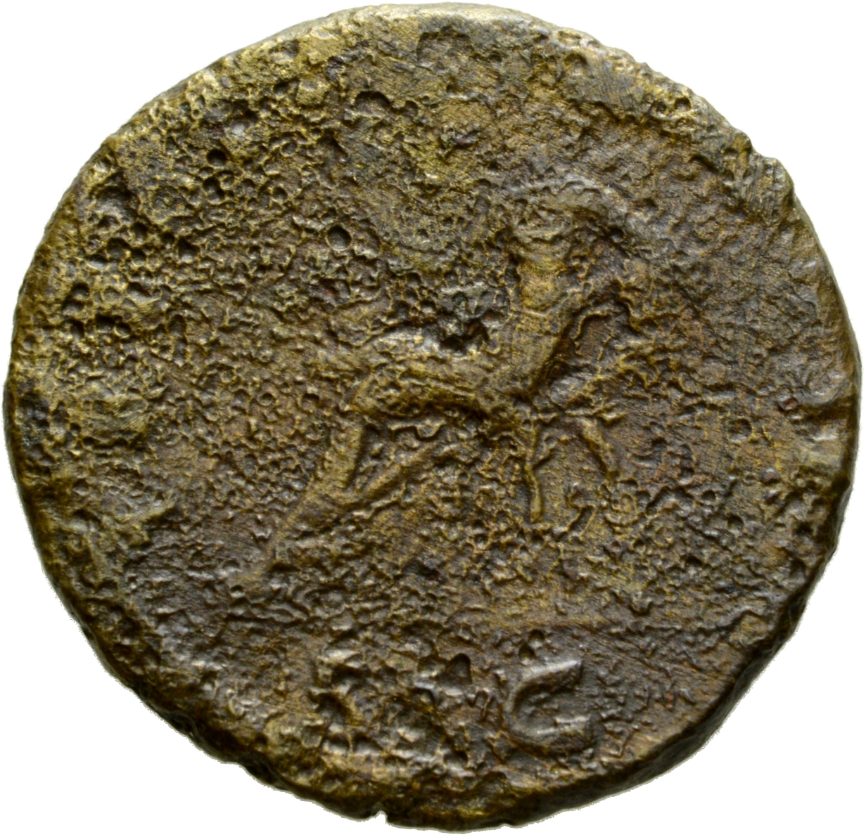 Trajan reverse — Abundantia, seated left on throne, with cornucopiae as arms, holding vertical sceptre in right hand and resting left hand on fold of drapery over lap