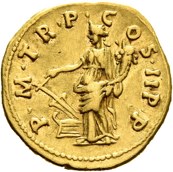 RIC II Trajan 4 Trajan reverse, Fortuna standing left, holding rudder attached to prow and cornucopiae