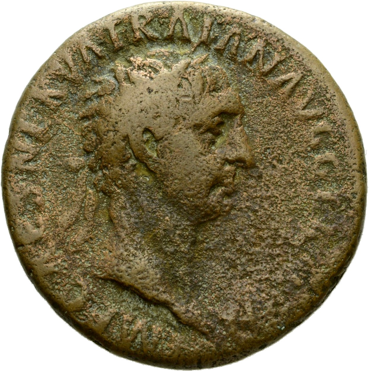 RIC II Trajan 402 Trajan obverse, Head of Trajan, laureate, right