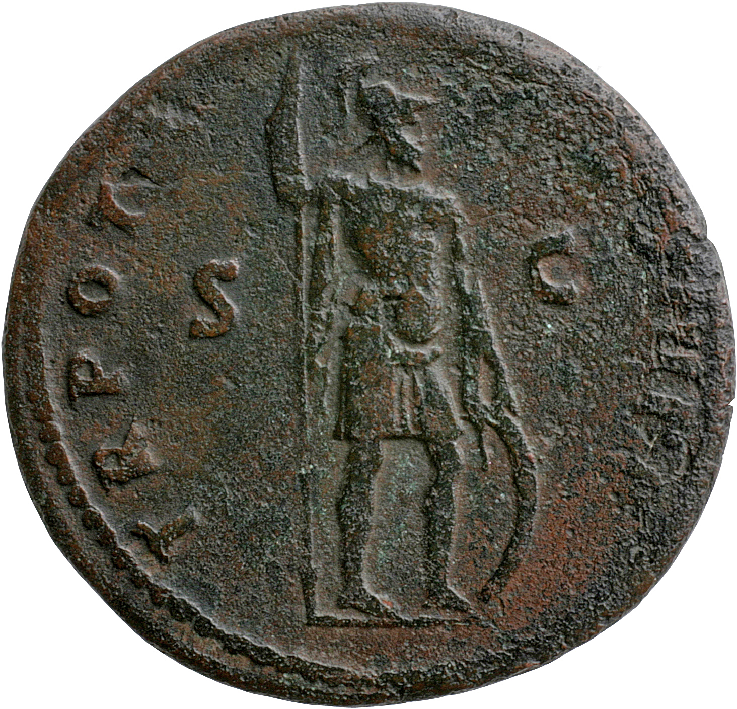 Trajan reverse — Mars, helmeted, in military dress, standing right, holding inverted spear in right hand and resting left on shield on ground