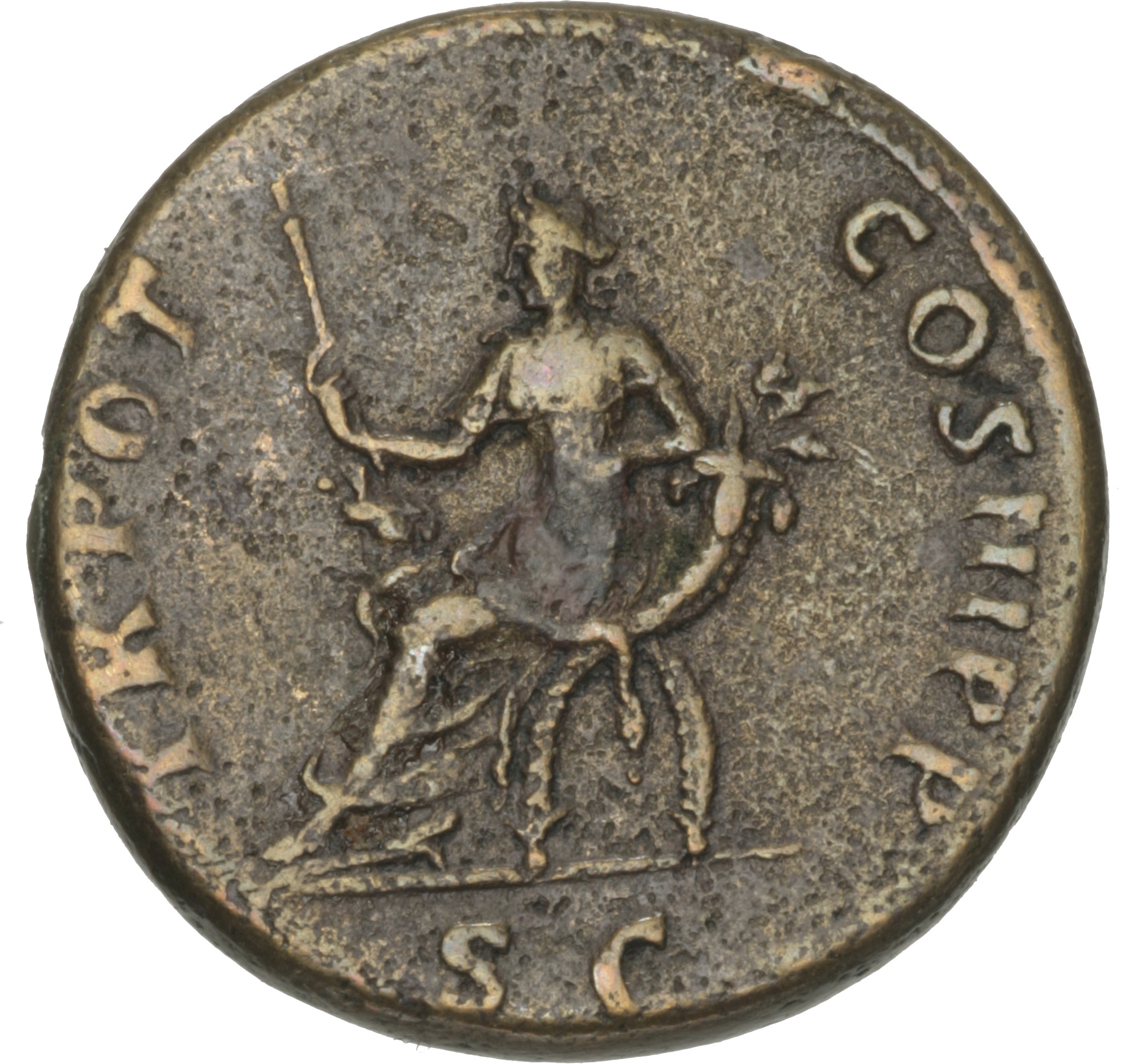 RIC II Trajan 411 Trajan reverse, Abundantia seated left on chair with crossed cornucopiae, holding sceptre in right hand