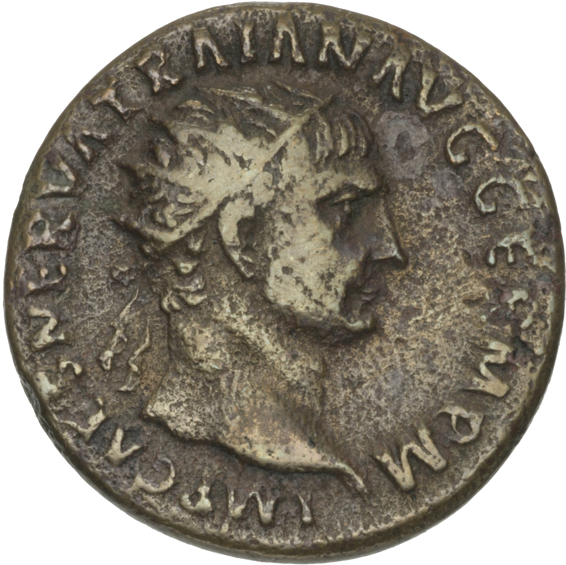 RIC II Trajan 411 Trajan obverse, Head of Trajan, radiate, right
