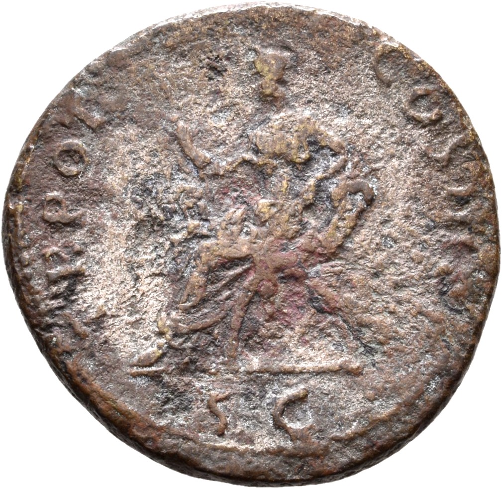 RIC II Trajan 411 Trajan reverse, Abundantia seated left on chair with crossed cornucopiae, holding sceptre in right hand