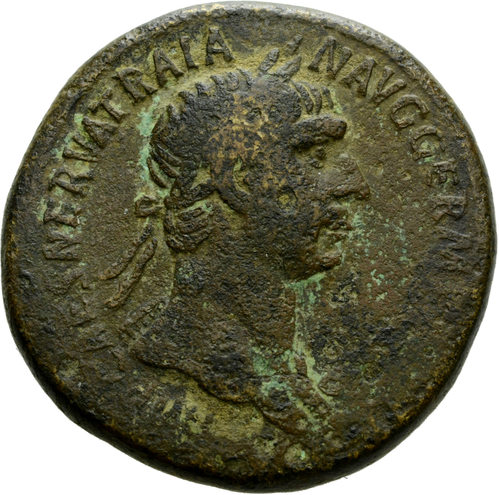RIC II Trajan 412 Trajan obverse, Bust of Trajan, laureate, right (sometimes with aegis)