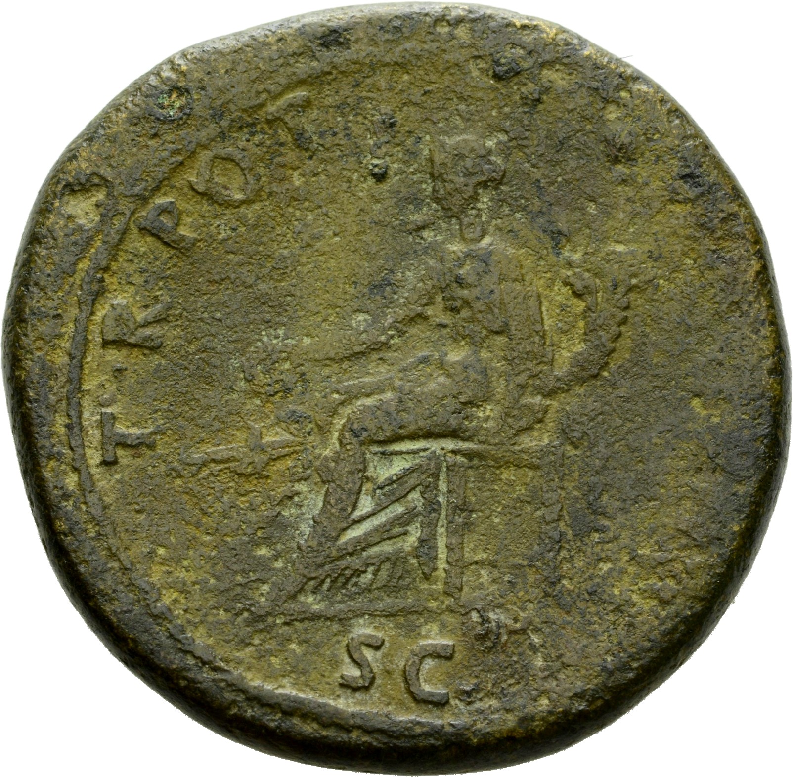 RIC II Trajan 412 Trajan reverse, Concordia, draped, seated left on chair without back, sacrificing with patera in right h...