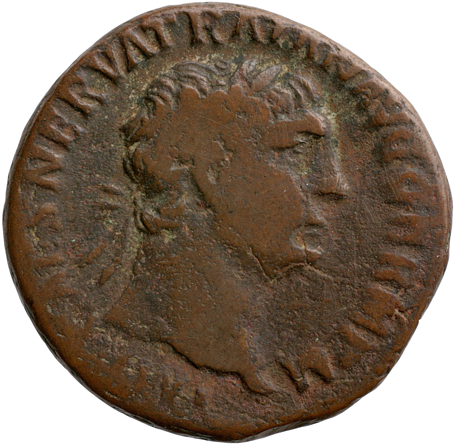 RIC II Trajan 417 Trajan obverse, Head of Trajan, laureate, right