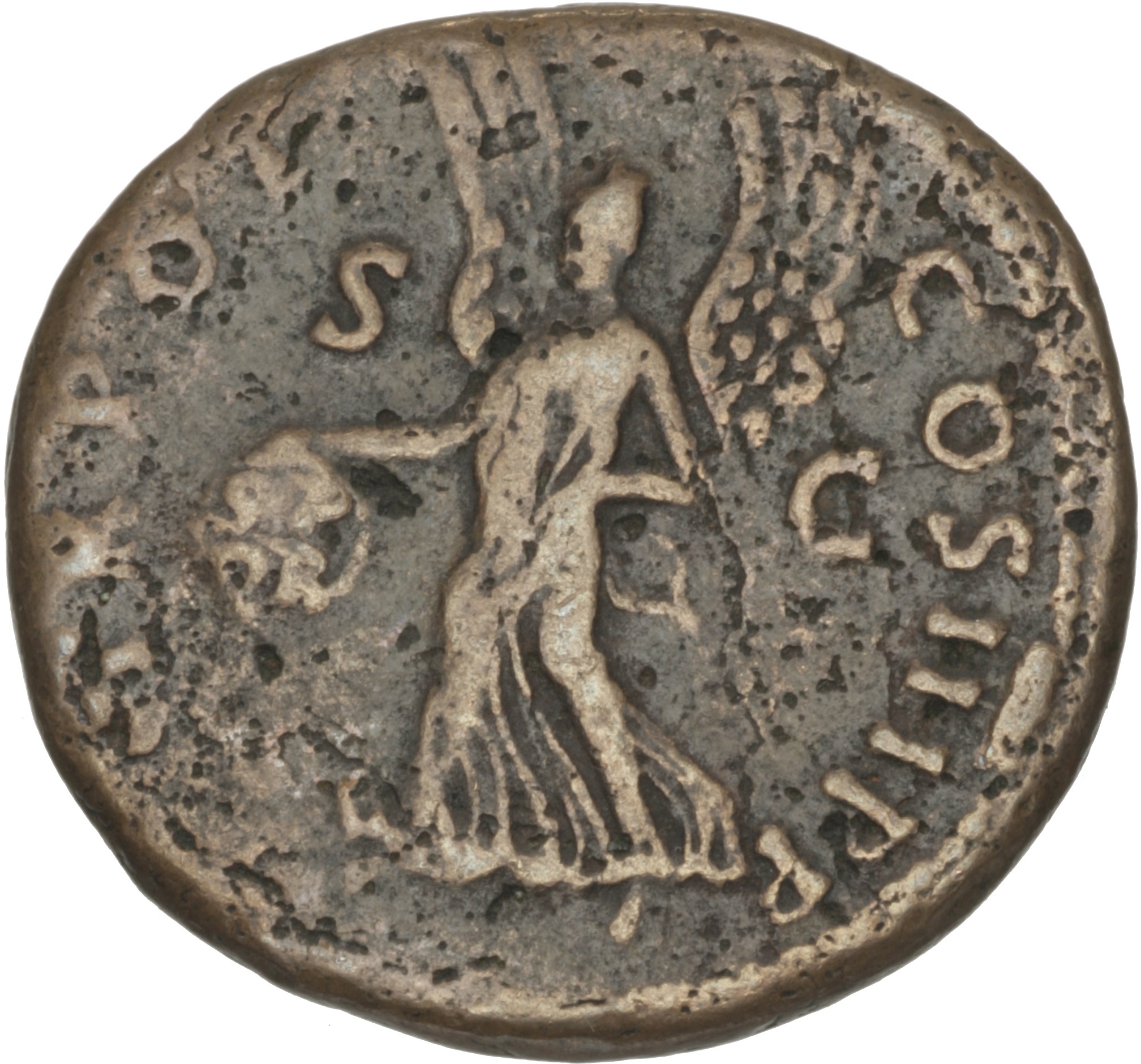 RIC II Trajan 417 Trajan reverse, Victory, draped, advancing left, holding shield inscribed SPQR in right hand and palm in...