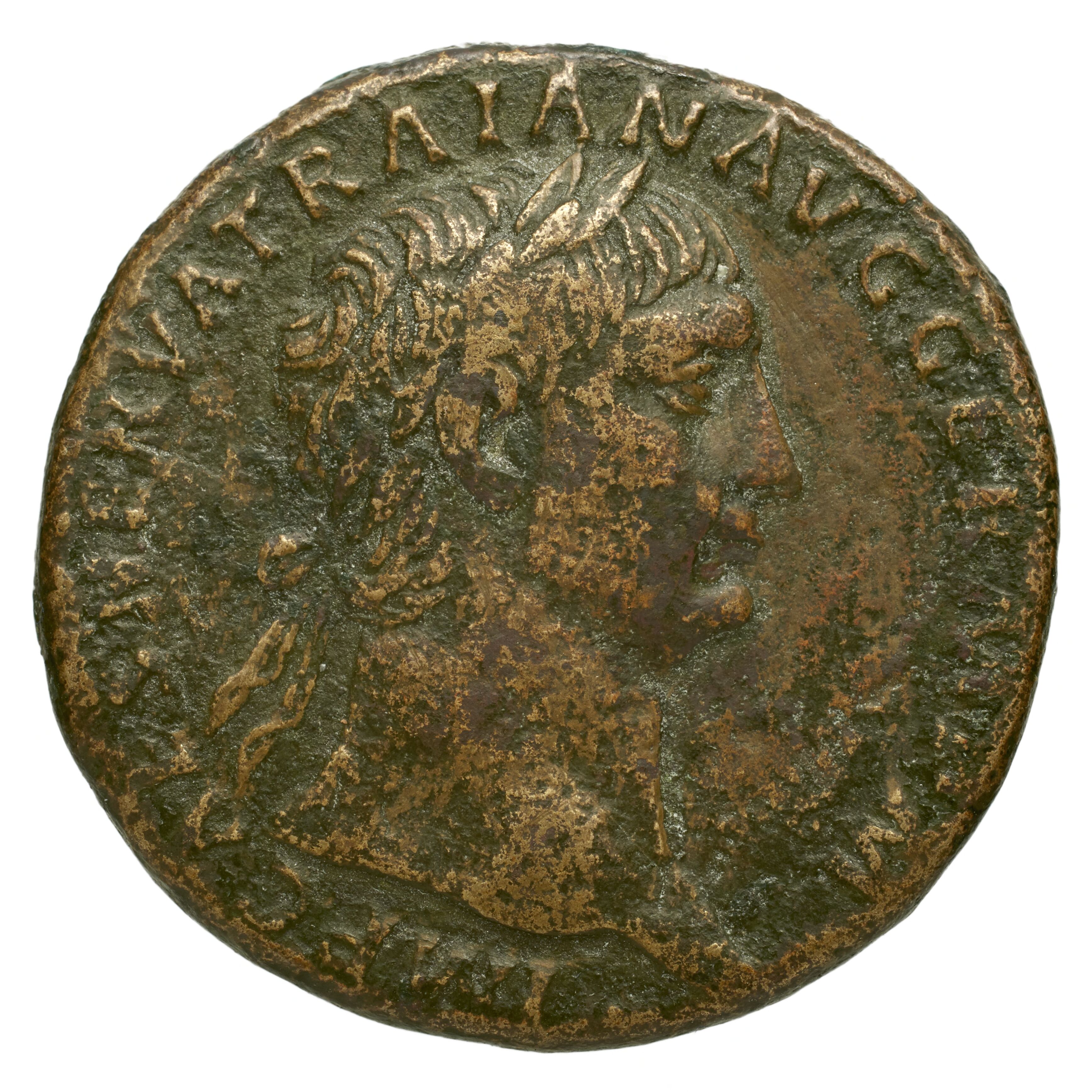 RIC II Trajan 419 Trajan obverse, Head of Trajan, laureate, right