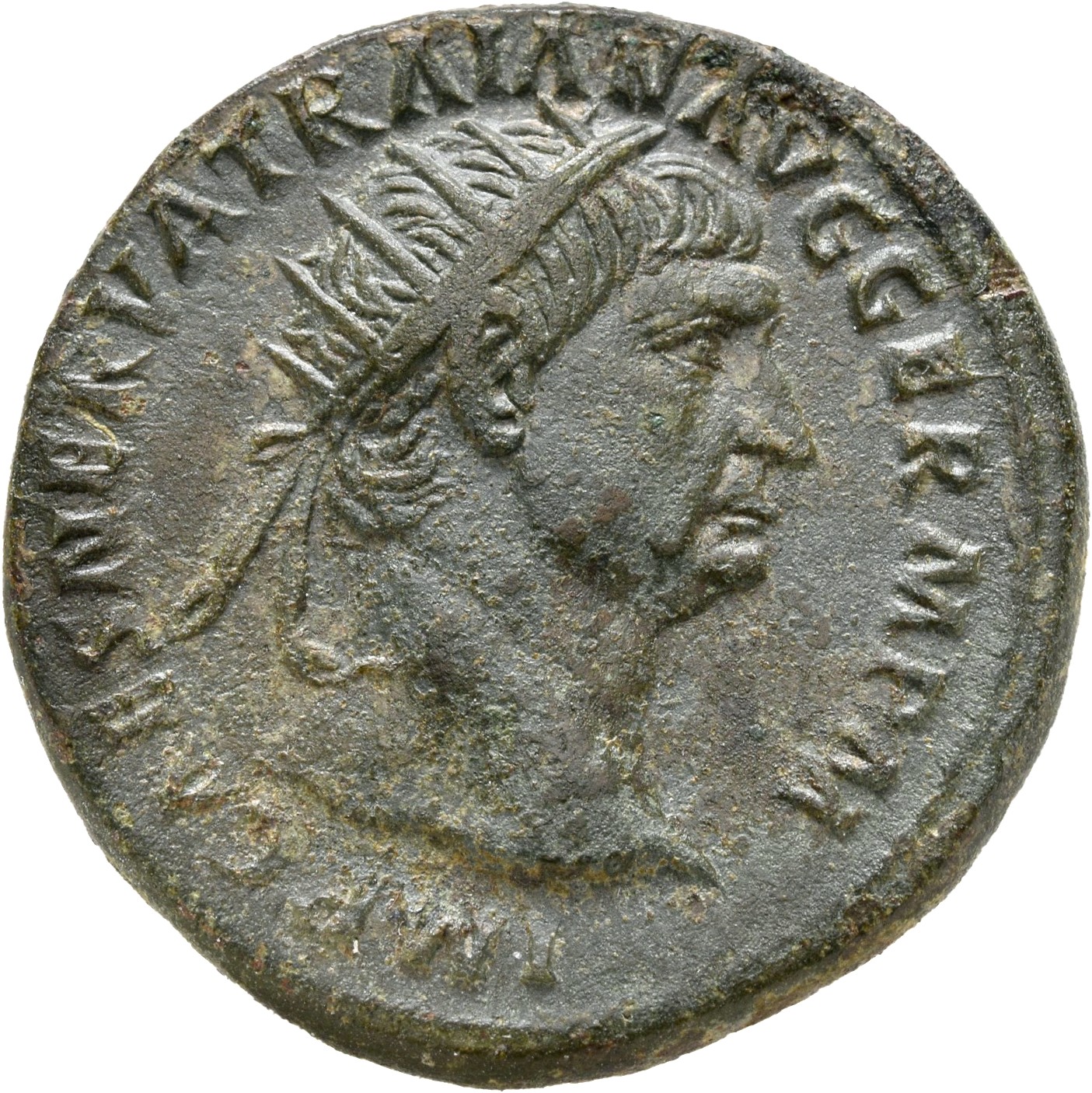 Trajan obverse — Head of Trajan, radiate, right