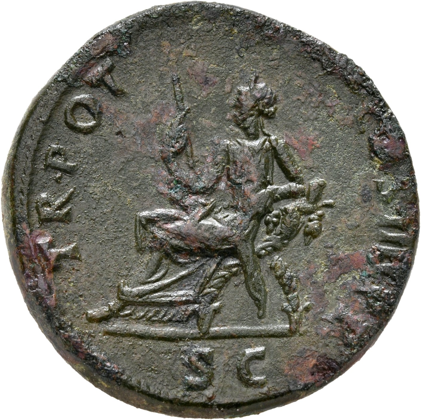 Trajan reverse — Abundantia seated left on chair with crossed cornucopiae, holding sceptre in right hand