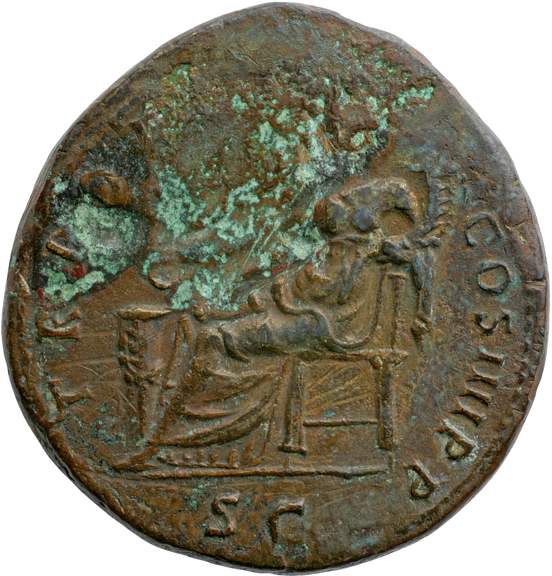 Trajan reverse — Concordia, draped, seated left on chair without back, sacrificing with patera in right hand over lighted altar left, and holding double cornucopiae in left hand