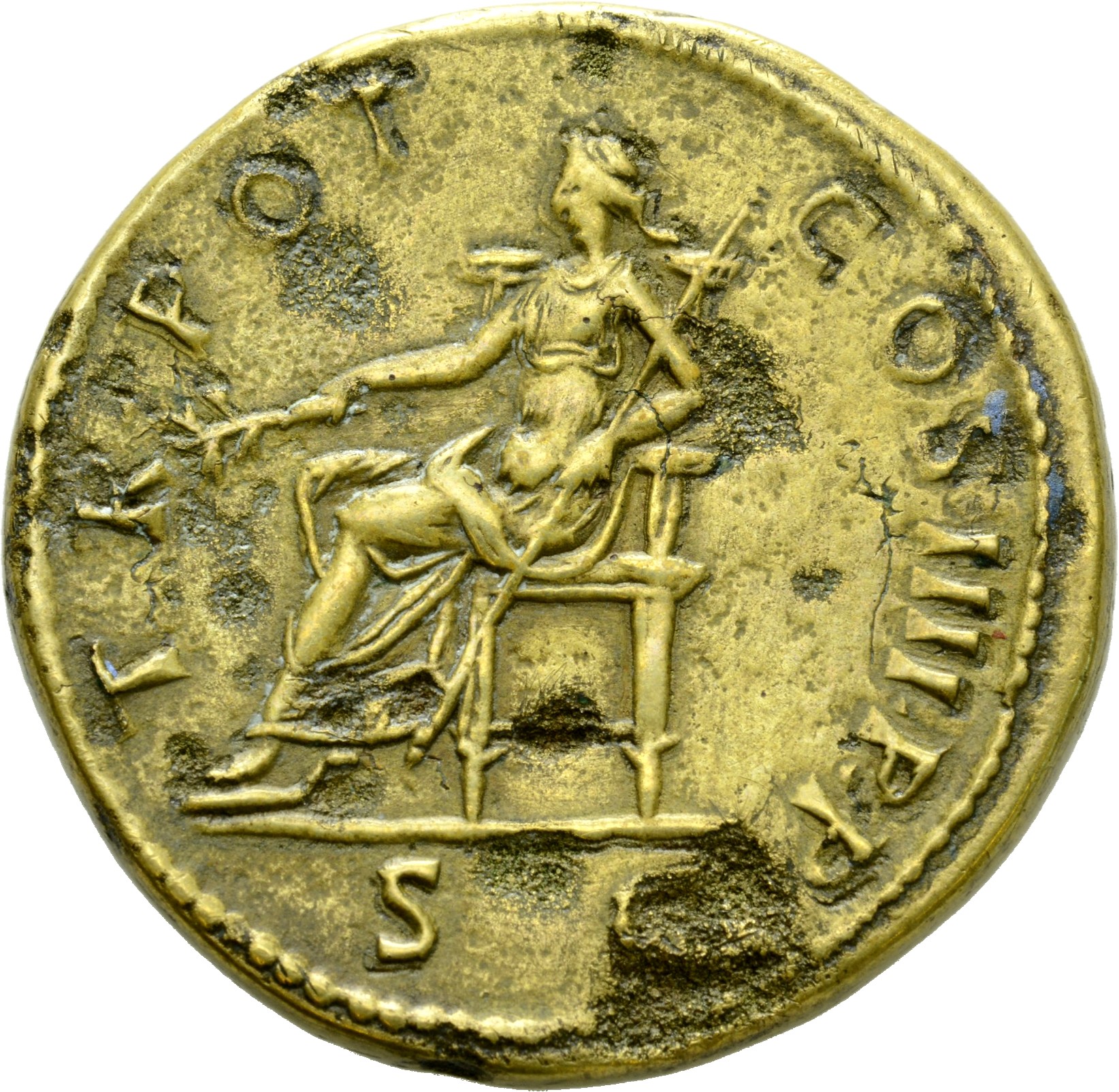 RIC II Trajan 432 Trajan reverse, Pax, draped, seated left on throne, holding branch in extended right hand and transverse...