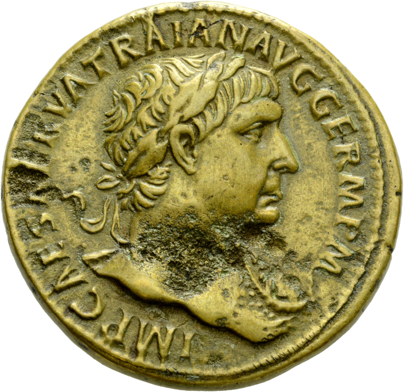 RIC II Trajan 432 Trajan obverse, Head of Trajan, laureate, right